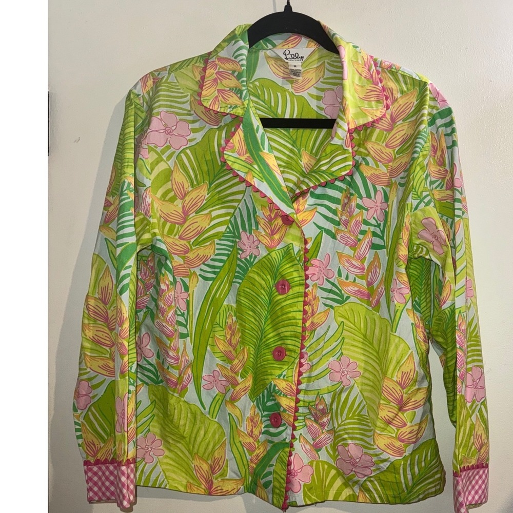 Lilly Pulitzer Women Green Pink Tropical Floral Cotton Pajama Top Ric Rac Size M